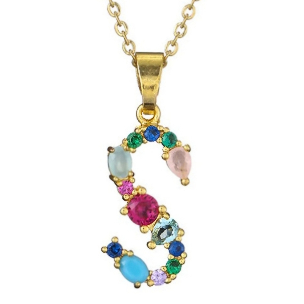 S Letter Pendant Necklace Multicolor Rhinestones Gold Tone Chain